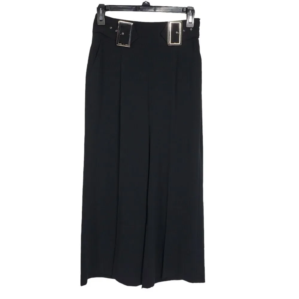 Jennifer Lopez Womens Pants Size 2 Black Cropped Dress Buckles Wide Leg Pockets